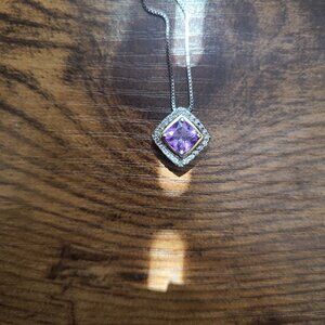 Amethyst pendant with white sapphires, sterling silver necklace, never worn